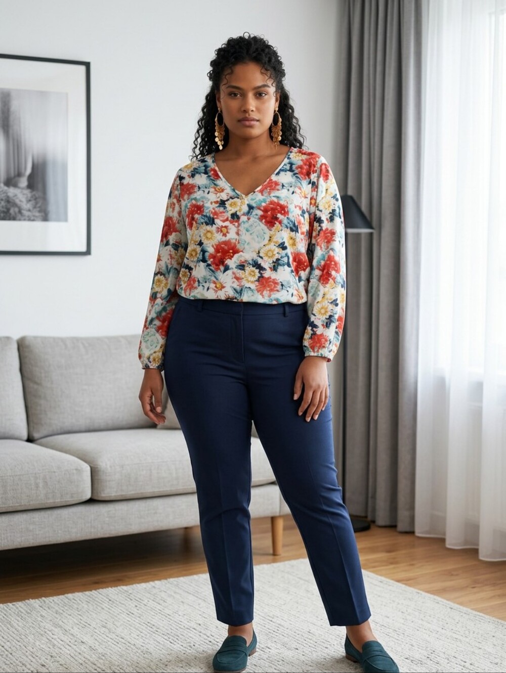 Mario Serrani Floral V-Neck Blouse with Red & Teal Accents